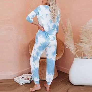 Blue Tie Dye Long Sleeve Pajamas Set for Women