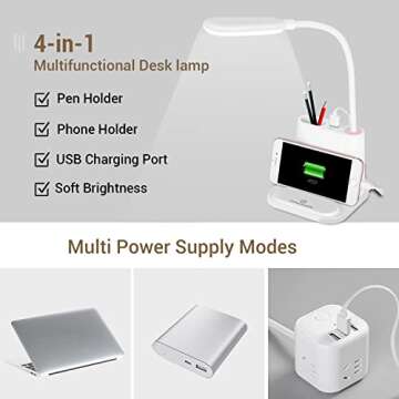 LED Desk Lamp, NovoLido Rechargeable Lamp with USB Charging Port/Pen Holder/Phone Holder, Small Stud...