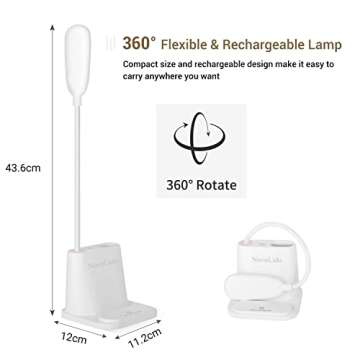 LED Desk Lamp, NovoLido Rechargeable Lamp with USB Charging Port/Pen Holder/Phone Holder, Small Study Cute for Kids/Home/Office/Dorm, Flexible Portable Bedside Table Reading (White)