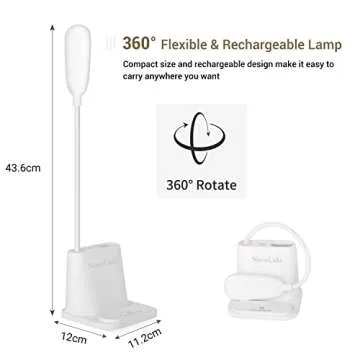 LED Desk Lamp, NovoLido Rechargeable Lamp with USB Charging Port/Pen Holder/Phone Holder, Small Study Cute for Kids/Home/Office/Dorm, Flexible Portable Bedside Table Reading (White)