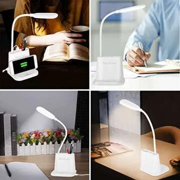 LED Desk Lamp, NovoLido Rechargeable Lamp with USB Charging Port/Pen Holder/Phone Holder, Small Study Cute for Kids/Home/Office/Dorm, Flexible Portable Bedside Table Reading (White)