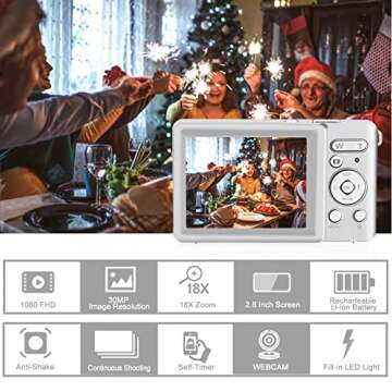 YEEIN Digital Camera, Rechargeable 30MP Point and Shoot Camera with 32GB Card 18X Digital Zoom, Comp...