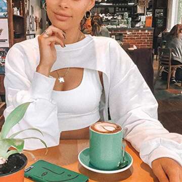 Artfish Women's Crewneck Long Sleeve Crop Hoodie Workout Gym Cutout Loose Super Cropped Sweatshirts White L