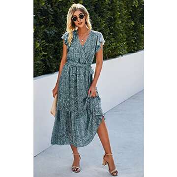 Angashion Midi Dress - Floral Print Wrap Dress for Women