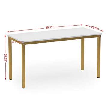 Teraves Computer Desk/Dining Table Office Desk Sturdy Writing Workstation for Home Office (55.11“, White+Golden Frame)