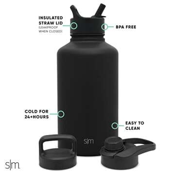 Simple Modern Water Bottle with Straw, Handle, and Chug Lid Vacuum Insulated Stainless Steel Metal Thermos Bottles | Half Gallon Leak Proof BPA-Free Flask | Summit Collection | 64oz, Midnight Black