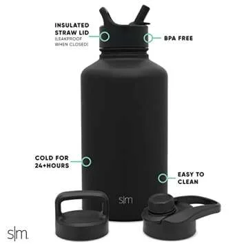 Simple Modern Water Bottle with Straw, Handle, and Chug Lid Vacuum Insulated Stainless Steel Metal Thermos Bottles | Half Gallon Leak Proof BPA-Free Flask | Summit Collection | 64oz, Midnight Black