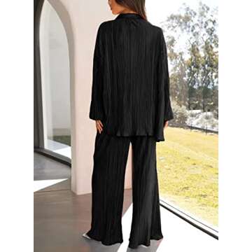 ONIRIKE Womens Loungewear Set 2 Piece Sweatsuits Outfits Casual Pleated Long Sleeve Button Down Shirt and Palazzo Pants Black S