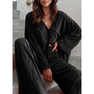 ONIRIKE Womens Loungewear Set 2 Piece Sweatsuits Outfits Casual Pleated Long Sleeve Button Down Shirt and Palazzo Pants Black S