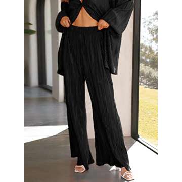 ONIRIKE Womens Loungewear Set 2 Piece Sweatsuits Outfits Casual Pleated Long Sleeve Button Down Shirt and Palazzo Pants Black S