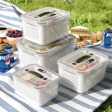 Fruit Storage Containers for Fridge - 5 Size Food Storage Containers for Refrigerator Organizers Bins with Colander Set, Clear Lettuce Keeper with Lids and Handle, Ideal Vegetable Storage Bins