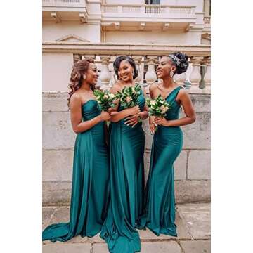 junytDing Women Satin Mermaid Bridesmaid Dresses Long One Shoulder Formal Wedding Guest Party Dresses LD0069 Hot Pink 12