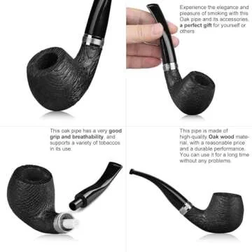 Joyoldelf Smoking Pipe, Bent Wooden Tobacco Pipe with Gift Box, Oak Tobacco Pipes for Smoking with Foldable & Stainless Steel Tobacco Pipe Stand, 9mm Pipe Filter and Smoking Accessories