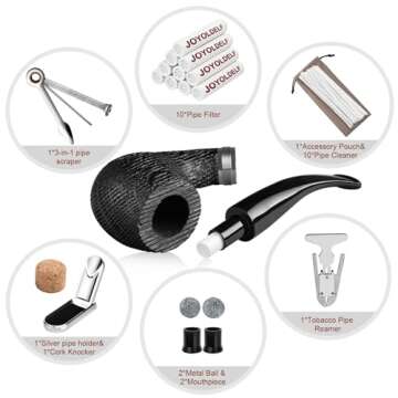 Joyoldelf Smoking Pipe, Bent Wooden Tobacco Pipe with Gift Box, Oak Tobacco Pipes for Smoking with Foldable & Stainless Steel Tobacco Pipe Stand, 9mm Pipe Filter and Smoking Accessories