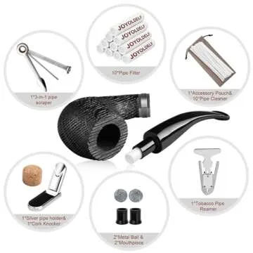 Joyoldelf Smoking Pipe, Bent Wooden Tobacco Pipe with Gift Box, Oak Tobacco Pipes for Smoking with Foldable & Stainless Steel Tobacco Pipe Stand, 9mm Pipe Filter and Smoking Accessories