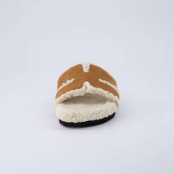 CUSHIONAIRE Cuddle Fur Slippers for Women Faux Shearling Slide Sandal +Memory Foam, cozy slippers, RUST 6.5