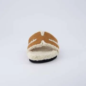 CUSHIONAIRE Cuddle Fur Slippers for Women Faux Shearling Slide Sandal +Memory Foam, cozy slippers, RUST 6.5