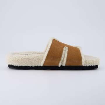 CUSHIONAIRE Cuddle Fur Slippers for Women Faux Shearling Slide Sandal +Memory Foam, cozy slippers, RUST 6.5