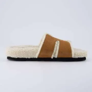 CUSHIONAIRE Cuddle Fur Slippers for Women Faux Shearling Slide Sandal +Memory Foam, cozy slippers, RUST 6.5