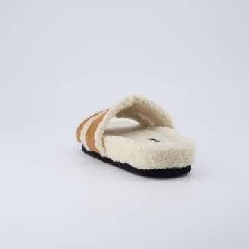 CUSHIONAIRE Cuddle Fur Slippers for Women Faux Shearling Slide Sandal +Memory Foam, cozy slippers, RUST 6.5