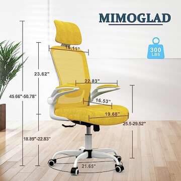 Mimoglad Office Chair, High Back Ergonomic Desk Chair with Adjustable Lumbar Support and Headrest, Swivel Task Chair with flip-up Armrests for Guitar Playing, 5 Years Warranty (Classic, Yellow)