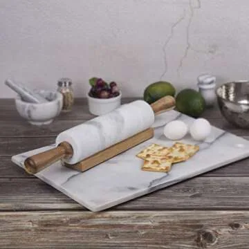 Creative Home Marble Rolling Pin with Wooden Cradle