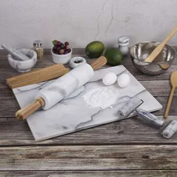 Creative Home Marble Rolling Pin with Wooden Cradle