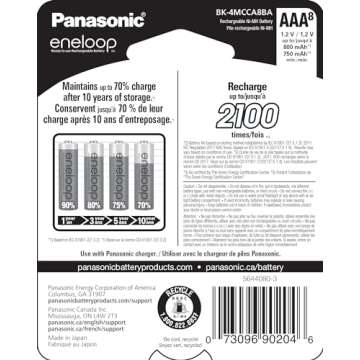Eneloop Panasonic BK-4MCCA8BA AAA 2100 Cycle Ni-MH Pre-Charged Rechargeable Batteries, 8-Battery Pac...