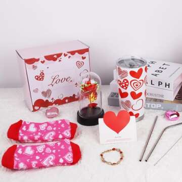 CAKKA Valentines Day Gifts for Her, 8 PCS Romantic Gift Set Includes 20 oz Tumbler with Lid Straw Brush Rose Flower Socks Bracelet Thanks Card Gift Box