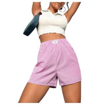 OYOANGLE Women's Summer Casual Striped Print Elastic Waist Mid Rise Straight Leg Shorts Pink M