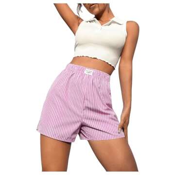 OYOANGLE Women's Summer Casual Striped Print Elastic Waist Mid Rise Straight Leg Shorts Pink M