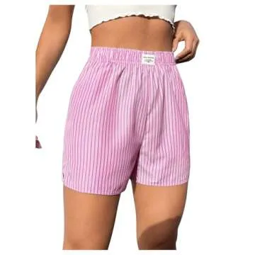 OYOANGLE Women's Summer Casual Striped Print Elastic Waist Mid Rise Straight Leg Shorts Pink M