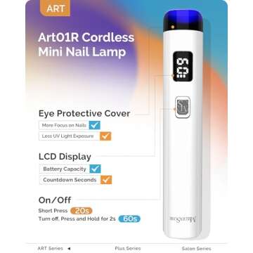 Melodysusie Handheld UV Light for Gel Nails, ART01R Cordless Gel X Nail Lamp Rechargeable with LCD Display, Eye-Protective Cover Flash Cure Nail Dryer for Rhinestone Glue Decoration DIY at Home White