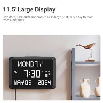 11.5” Digital Wall Clock with Date,Time,Week,Indoor Temperature,3 Alarms,5 Dimmer,2 USB Chargers,B...