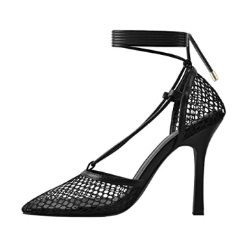 Richealnana Women's Square Toe Lace Tie Up Strappy Sandals High Heel Slim Heel Sandals Sexy Mesh Closed Toe Black US 7