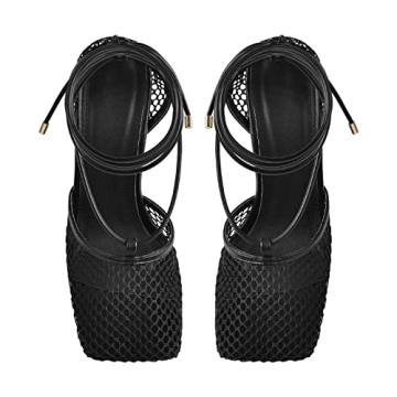 Richealnana Women's Square Toe Lace Tie Up Strappy Sandals High Heel Slim Heel Sandals Sexy Mesh Closed Toe Black US 7