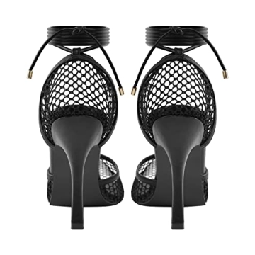 Richealnana Women's Square Toe Lace Tie Up Strappy Sandals High Heel Slim Heel Sandals Sexy Mesh Closed Toe Black US 7