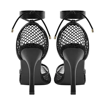 Richealnana Women's Square Toe Lace Tie Up Strappy Sandals High Heel Slim Heel Sandals Sexy Mesh Closed Toe Black US 7