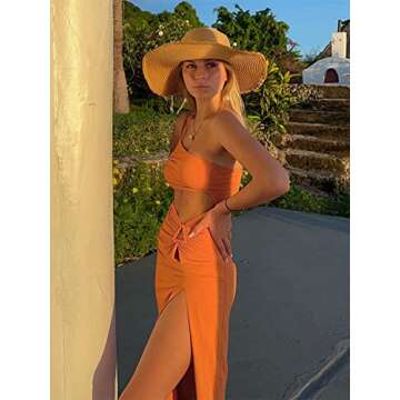 MULNIHEY One Shoulder Cut Out Midi Dress for Women Bodycon High Slit Spaghetti Strap Backless Ruched Sexy Dress Party Beach Orange