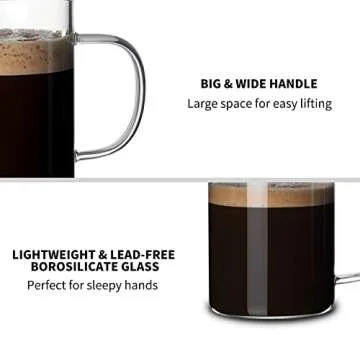 HORLIMER 10 oz Glass Coffee Mugs Set of 6, Clear Coffee Cup with Handle for Tea Cappuccino Latte Milk Juice Hot Beverages