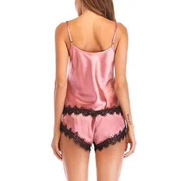 Lu's Chic Women's Silk Pajama Set Satin Pajamas Lace Cami Top and Shorts Silky Lingerie Camisole Sleep Set Bridesmaid Pjs Ladies Summer Sleepwear 2 Piece Nightwear Pink Small