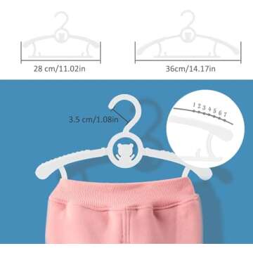 HGYZE Baby Hangers for Closet 50pcs, White Kids Clothes Hanger Plastic, 11-14" Adjustable Bulk Perchas for Newborn, Non-Slip Children Outfit Bear Hanger for Girl Boy Toddler Infant Nursery Clothing