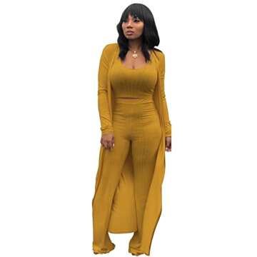 Women's 3 Piece Outfits Ottoman Rib Open Front Cardigan Cover Up Crop Tank Tops Wide Leg Palazzo Pants Set Suit Yellow S