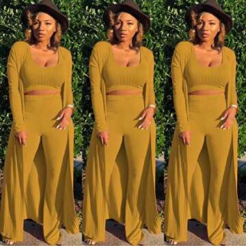 Women's 3 Piece Outfits Ottoman Rib Open Front Cardigan Cover Up Crop Tank Tops Wide Leg Palazzo Pants Set Suit Yellow S