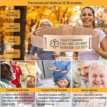 VNOX Medical Alert Bracelets for Men & Women with Free Engraving Adjustable Stainless Steel Mesh Eme...