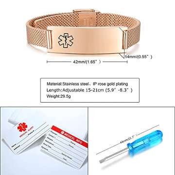 VNOX Medical Alert Bracelets for Men & Women with Free Engraving Adjustable Stainless Steel Mesh Emergency Medical ID Bracelets Wristband,Rose Gold