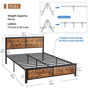 VECELO Full Platform Bed Frame/Mattress Foundation with Rustic Vintage Wood Headboard, Strong Metal ...