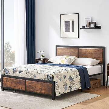 VECELO Full Platform Bed Frame/Mattress Foundation with Rustic Vintage Wood Headboard, Strong Metal Slats Support, No Box Spring Needed