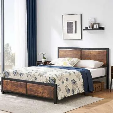 VECELO Full Platform Bed Frame/Mattress Foundation with Rustic Vintage Wood Headboard, Strong Metal Slats Support, No Box Spring Needed