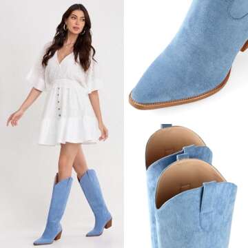 iiimmu Cowgirl Boots Women Knee High Boots Pointed Toe and Block Heel Cowboy Suede Boots with Embroidered, Blue Size 9